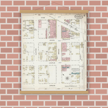 Old map wall art mockup — magnetic wood frame on brick wall — Sanborn Fire Insurance Map from Texarkana, Bowie County, Texas (1885), Sheet #0004