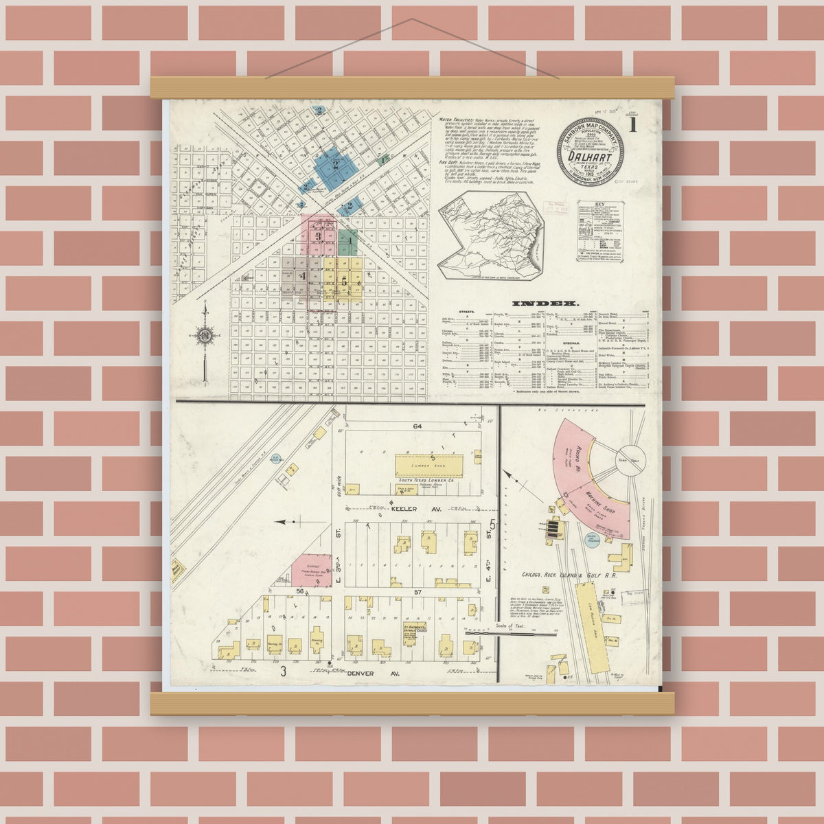 Old map wall art mockup — magnetic wood frame on brick wall — Sanborn Fire Insurance Map from Dalhart, Dallam And Hartley County, Texas (1913) - Complete Map Set
