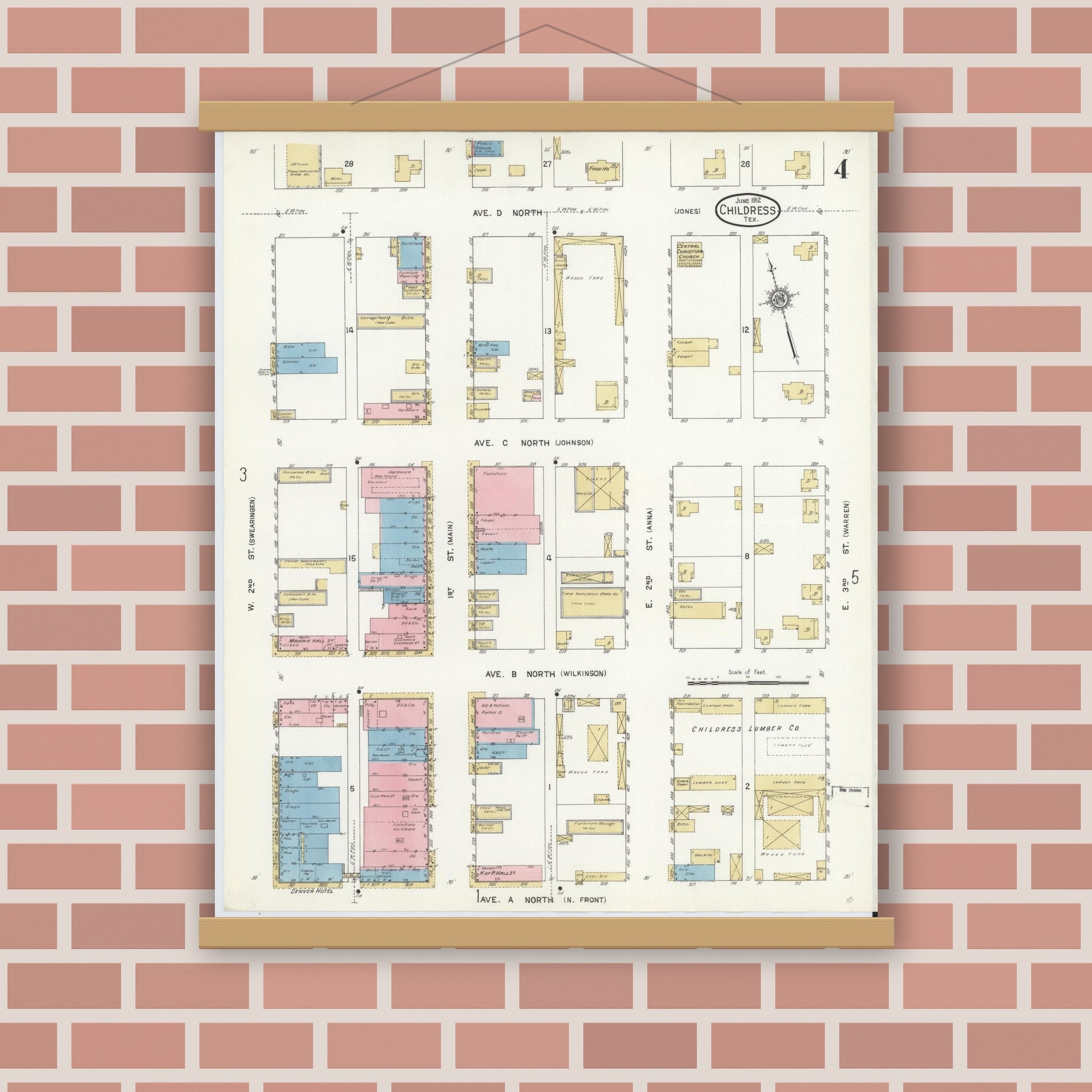 Old map wall art mockup — magnetic wood frame on brick wall — Sanborn Fire Insurance Map from Childress, Childress County, Texas (1912), Sheet #0004