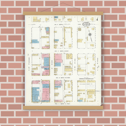 Old map wall art mockup — magnetic wood frame on brick wall — Sanborn Fire Insurance Map from Childress, Childress County, Texas (1912), Sheet #0004