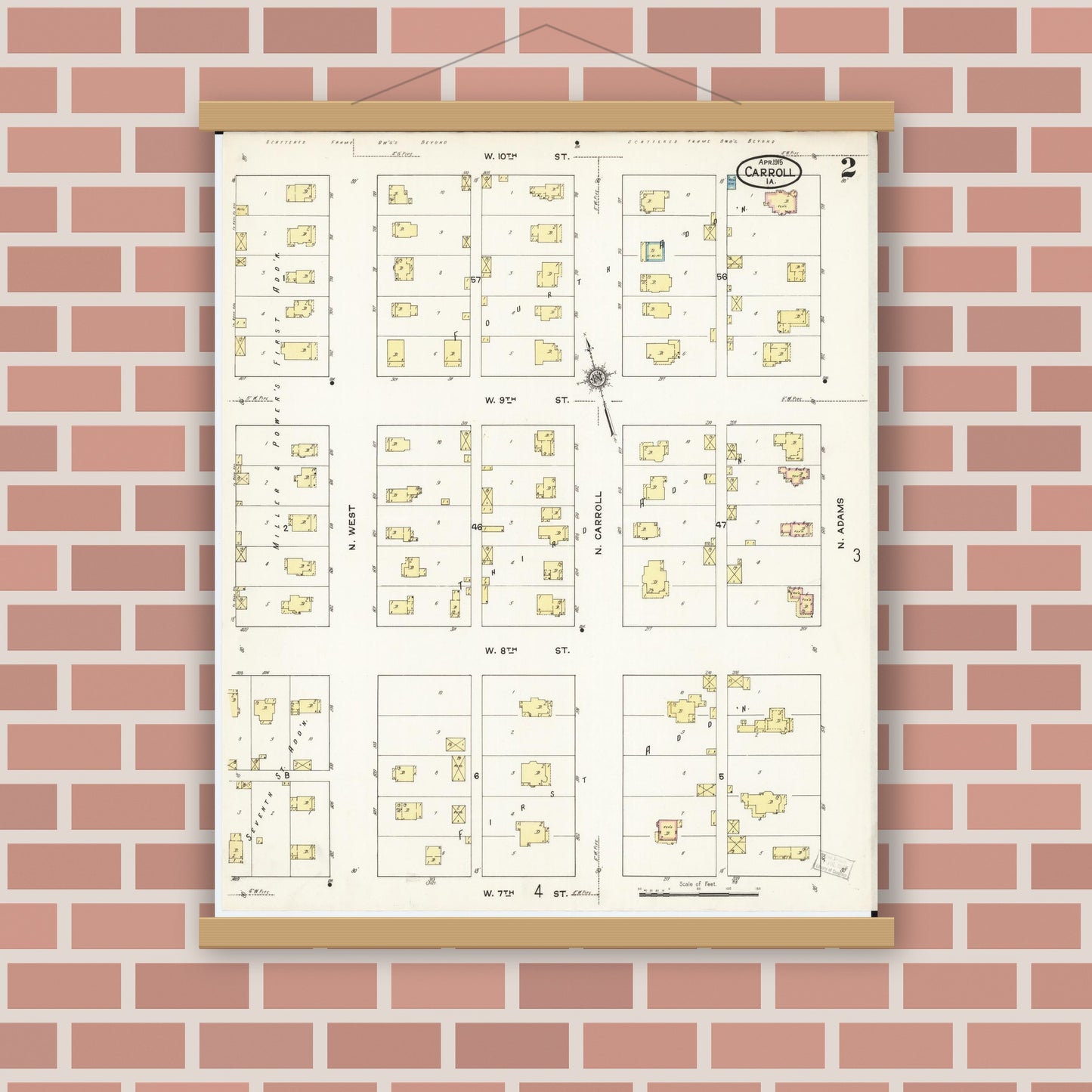 Old map wall art mockup — magnetic wood frame on brick wall — Sanborn Fire Insurance Map from Carroll, Carroll County, Iowa (1915), Sheet #0002