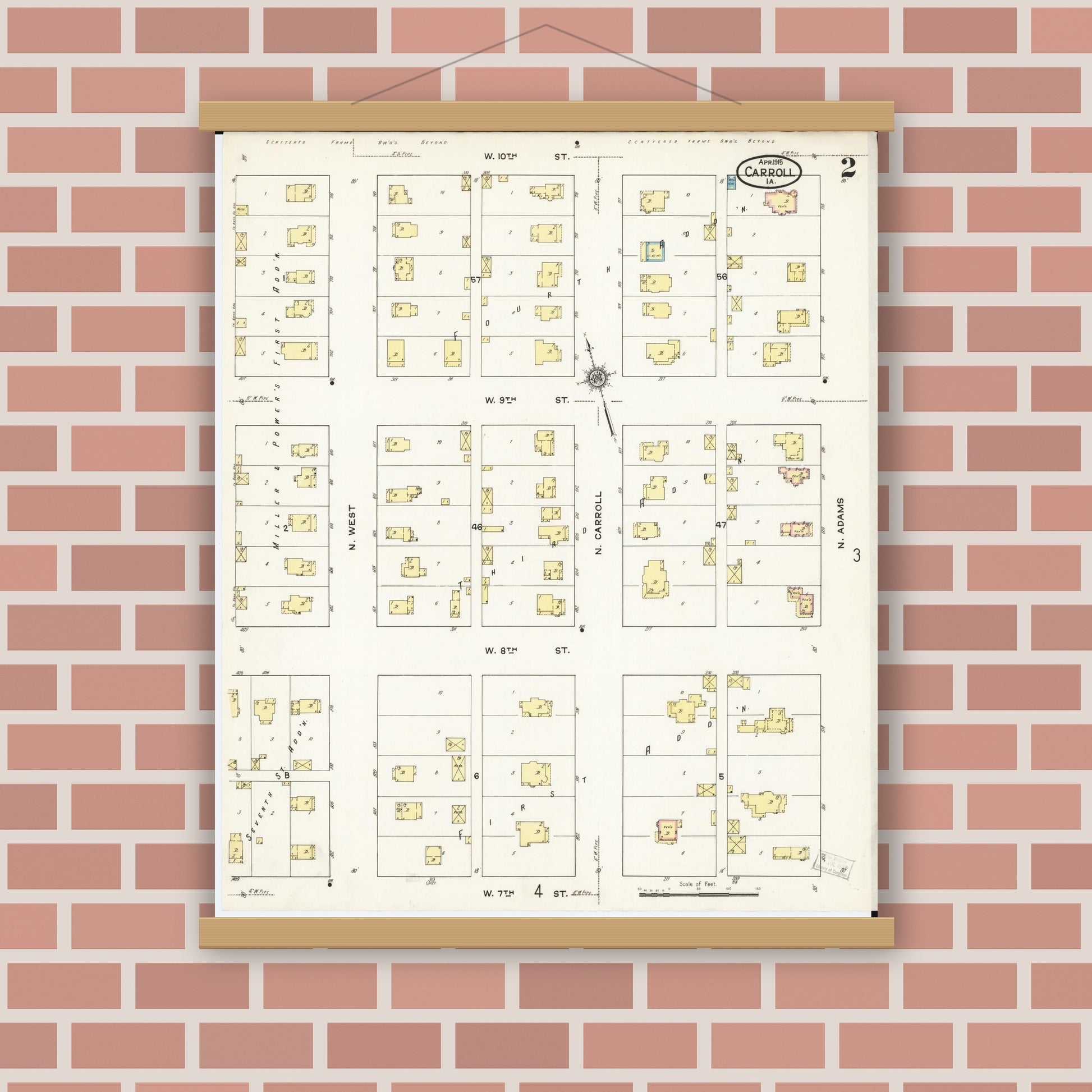 Old map wall art mockup — magnetic wood frame on brick wall — Sanborn Fire Insurance Map from Carroll, Carroll County, Iowa (1915), Sheet #0002