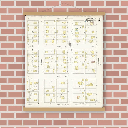 Old map wall art mockup — magnetic wood frame on brick wall — Sanborn Fire Insurance Map from Carroll, Carroll County, Iowa (1915), Sheet #0002