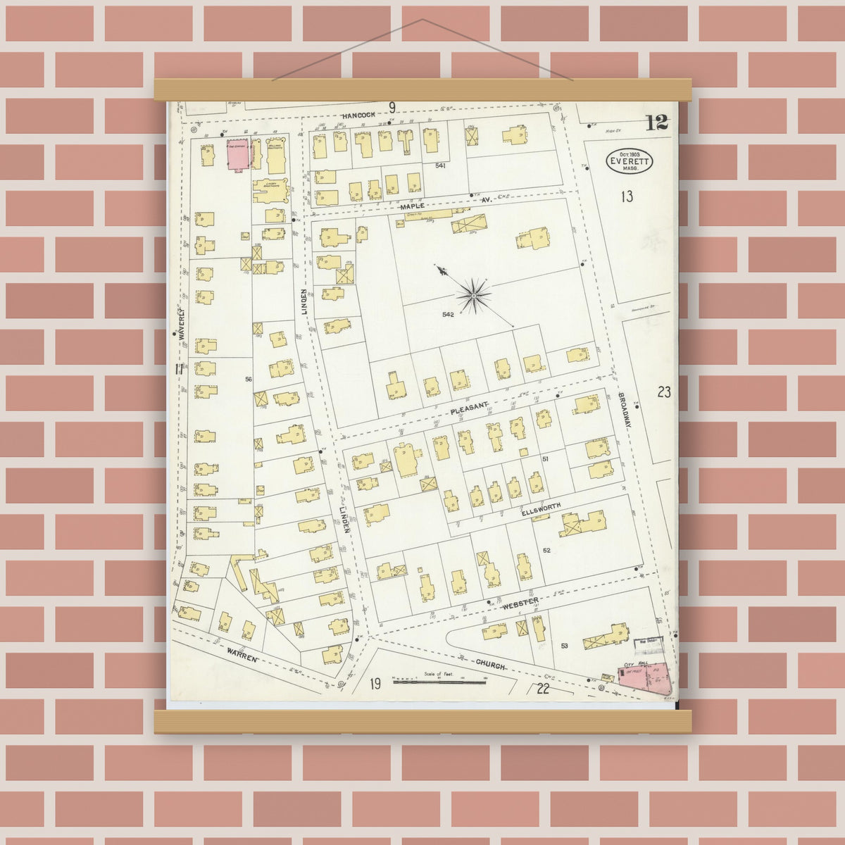 Old map wall art mockup — magnetic wood frame on brick wall — Sanborn Fire Insurance Map from Everett, Middlesex County, Massachusetts (1903), Sheet #0012
