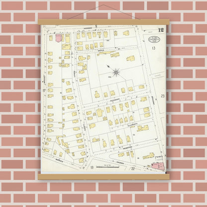 Old map wall art mockup — magnetic wood frame on brick wall — Sanborn Fire Insurance Map from Everett, Middlesex County, Massachusetts (1903), Sheet #0012
