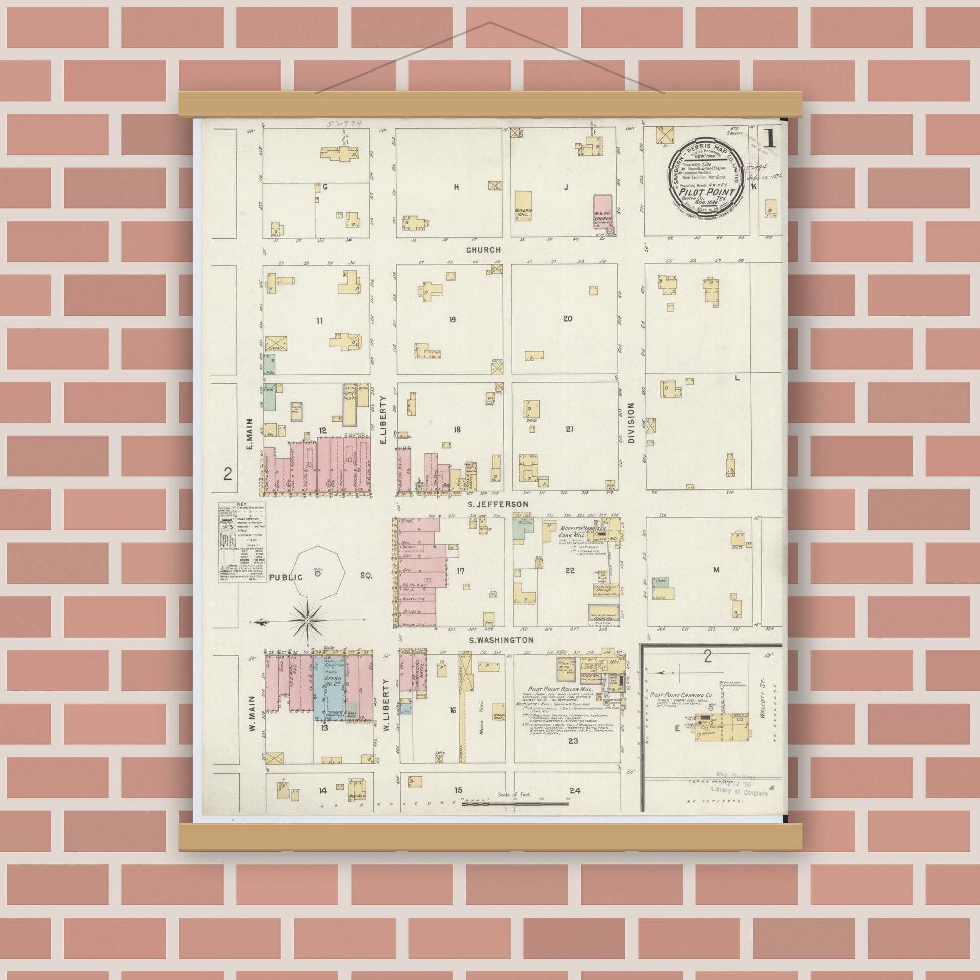 Old map wall art mockup — magnetic wood frame on brick wall — Sanborn Fire Insurance Map from Pilot Point, Denton County, Texas (1896), Sheet #0001