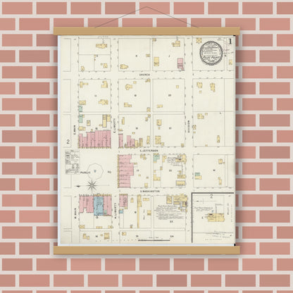 Old map wall art mockup — magnetic wood frame on brick wall — Sanborn Fire Insurance Map from Pilot Point, Denton County, Texas (1896), Sheet #0001