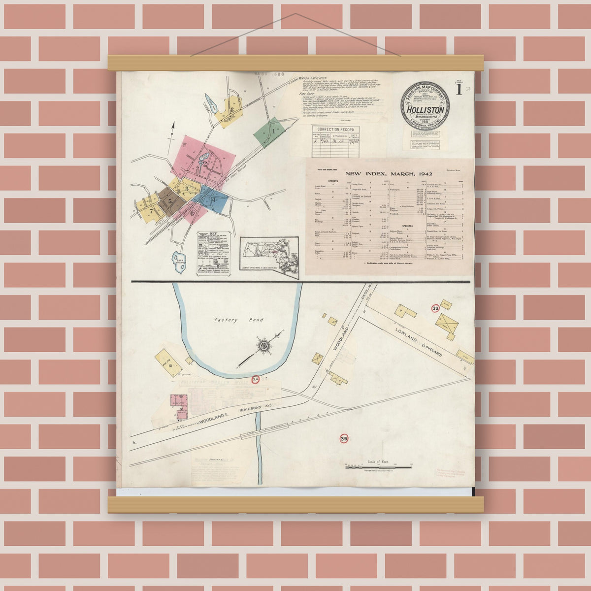 Old map wall art mockup — magnetic wood frame on brick wall — Sanborn Fire Insurance Map from Holliston, Middlesex County, Massachusetts (1942), Sheet #0001