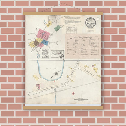 Old map wall art mockup — magnetic wood frame on brick wall — Sanborn Fire Insurance Map from Holliston, Middlesex County, Massachusetts (1942), Sheet #0001