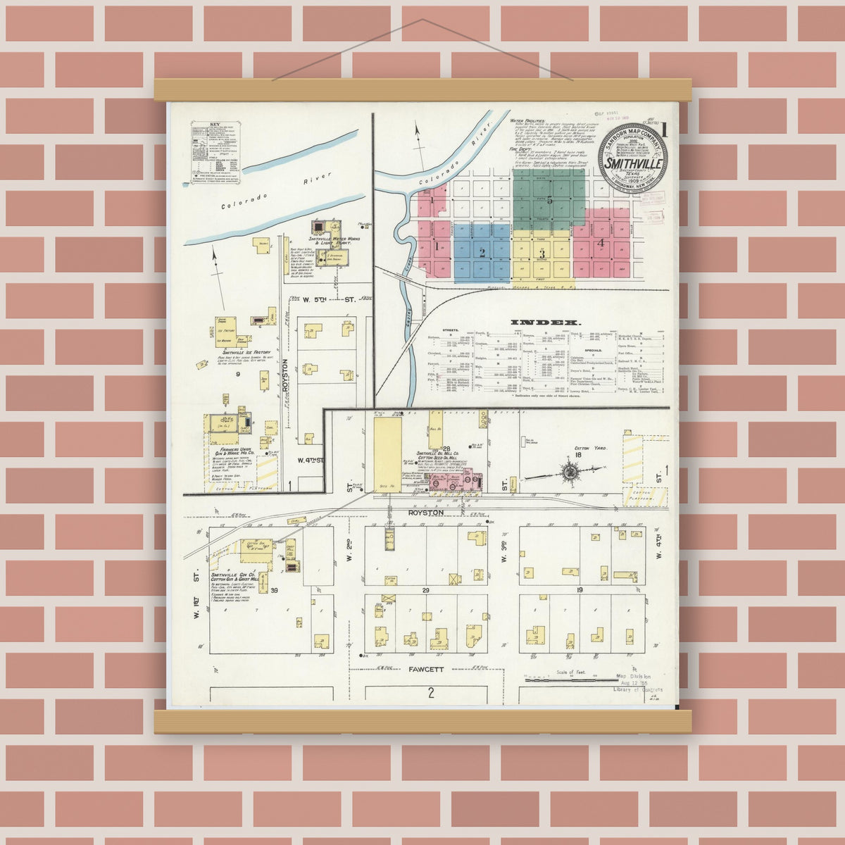 Old map wall art mockup — magnetic wood frame on brick wall — Sanborn Fire Insurance Map from Smithville, Bastrop County, Texas (1909) - Complete Map Set