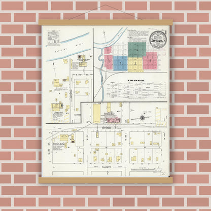 Old map wall art mockup — magnetic wood frame on brick wall — Sanborn Fire Insurance Map from Smithville, Bastrop County, Texas (1909) - Complete Map Set