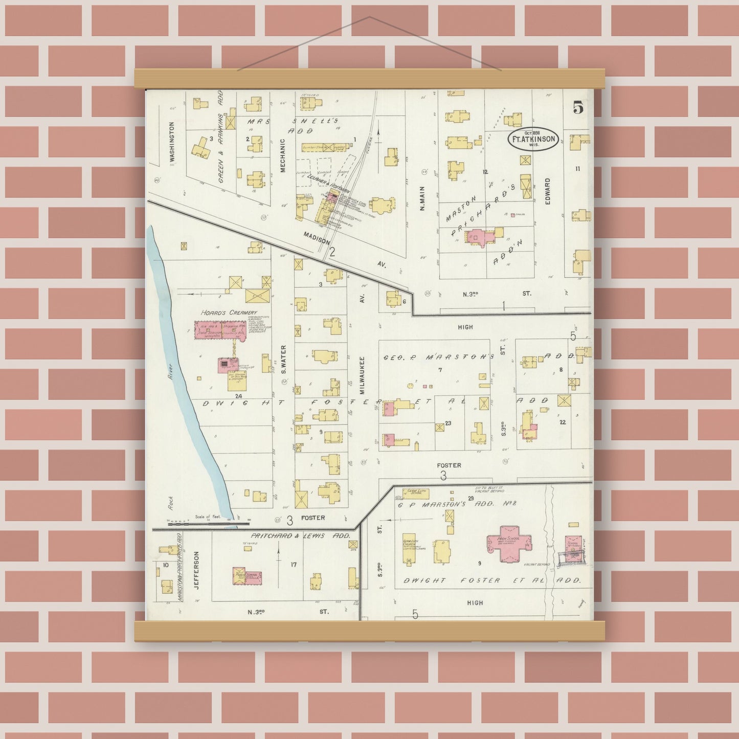 Old map wall art mockup — magnetic wood frame on brick wall — Sanborn Fire Insurance Map from Fort Atkinson, Jefferson County, Wisconsin (1898), Sheet #0005