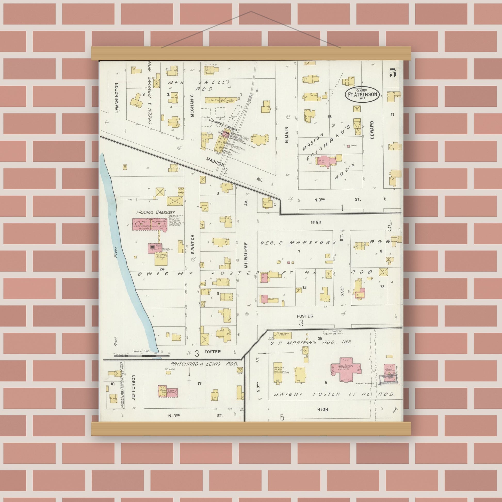 Old map wall art mockup — magnetic wood frame on brick wall — Sanborn Fire Insurance Map from Fort Atkinson, Jefferson County, Wisconsin (1898), Sheet #0005