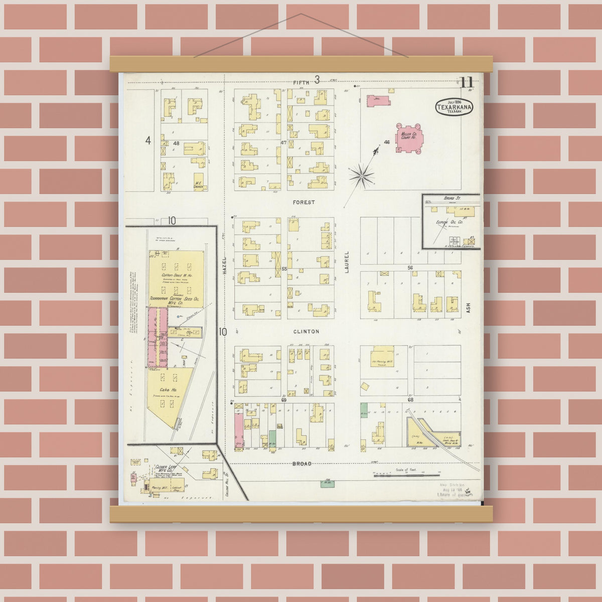 Old map wall art mockup — magnetic wood frame on brick wall — Sanborn Fire Insurance Map from Texarkana, Bowie County, Texas (1896), Sheet #0011