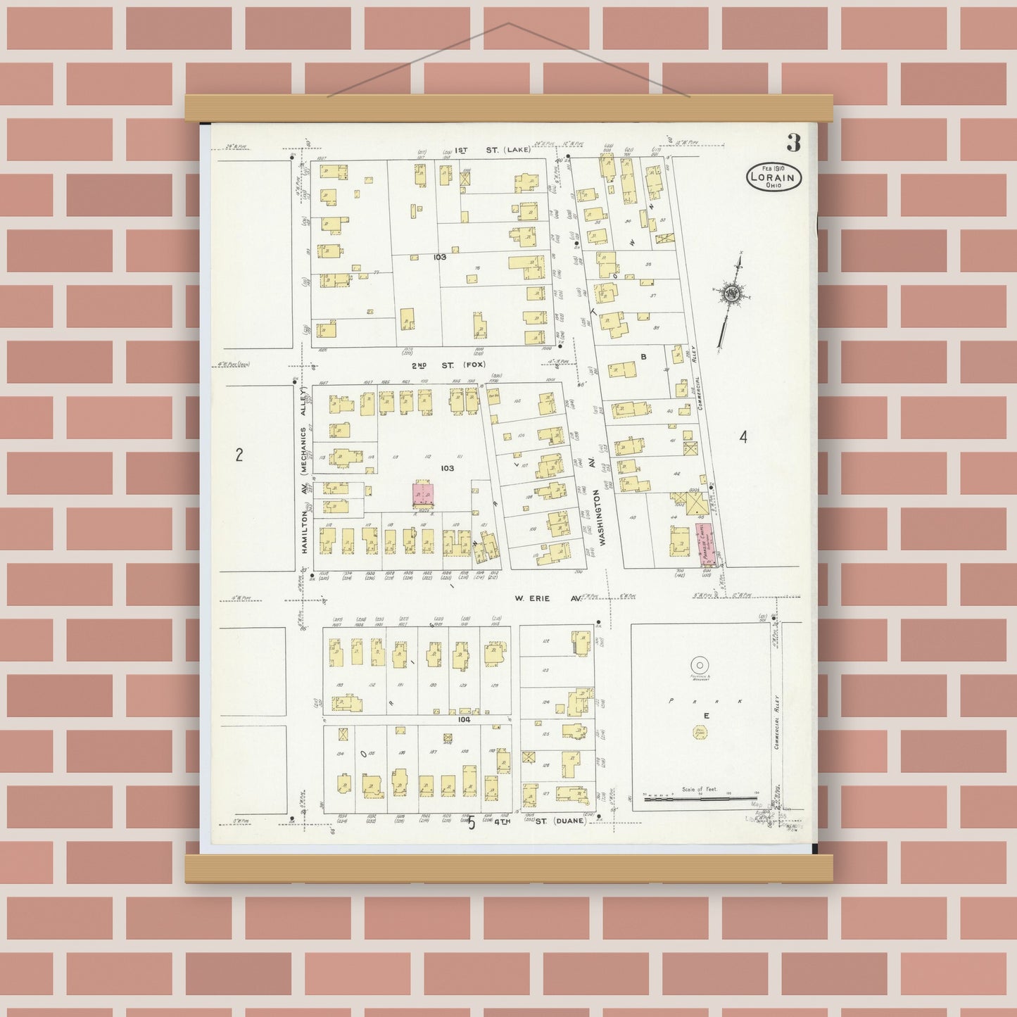 Old map wall art mockup — magnetic wood frame on brick wall — Sanborn Fire Insurance Map from Lorain, Lorain County, Ohio (1910), Sheet #0003