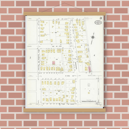 Old map wall art mockup — magnetic wood frame on brick wall — Sanborn Fire Insurance Map from Lorain, Lorain County, Ohio (1910), Sheet #0003