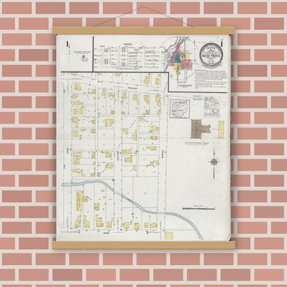 Old map wall art mockup — magnetic wood frame on brick wall — Sanborn Fire Insurance Map from New Paris, Preble County, Ohio (1927), Sheet #0001
