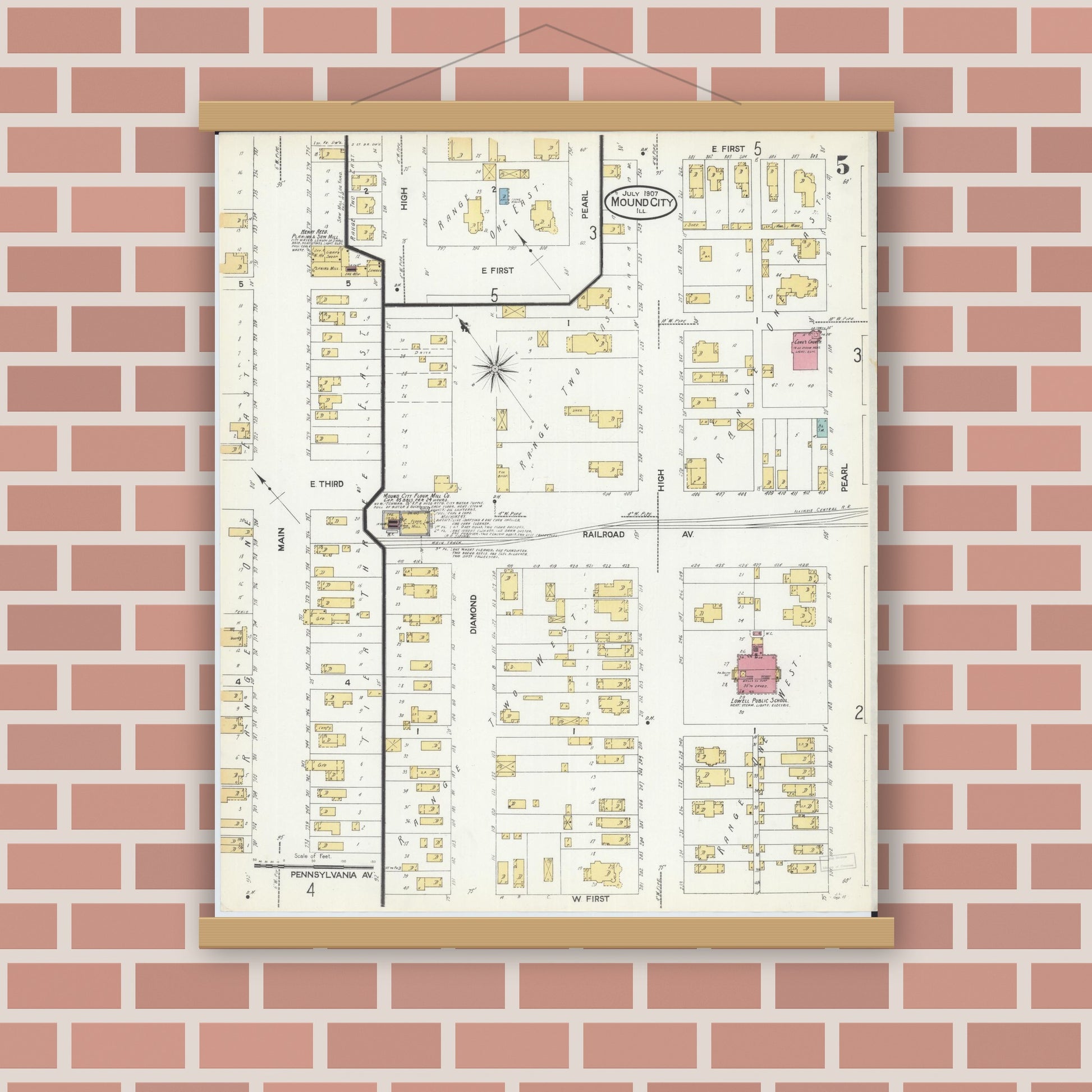 Old map wall art mockup — magnetic wood frame on brick wall — Sanborn Fire Insurance Map from Mound City, Pulaski County, Illinois (1907), Sheet #0005