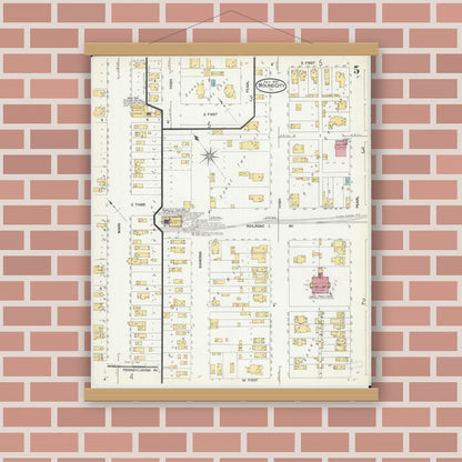 Old map wall art mockup — magnetic wood frame on brick wall — Sanborn Fire Insurance Map from Mound City, Pulaski County, Illinois (1907), Sheet #0005