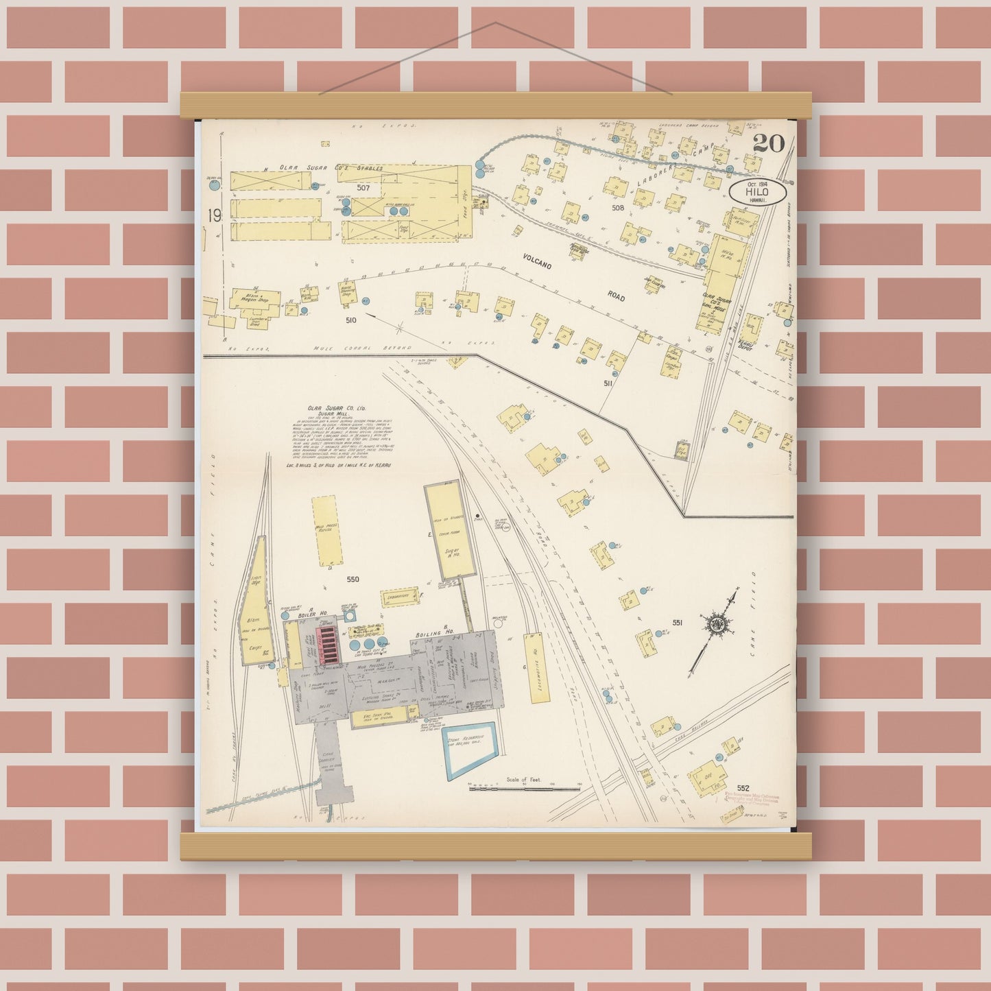 Old map wall art mockup — magnetic wood frame on brick wall — Sanborn Fire Insurance Map from Hilo, Hawaii County, Hawaii (1914), Sheet #0020