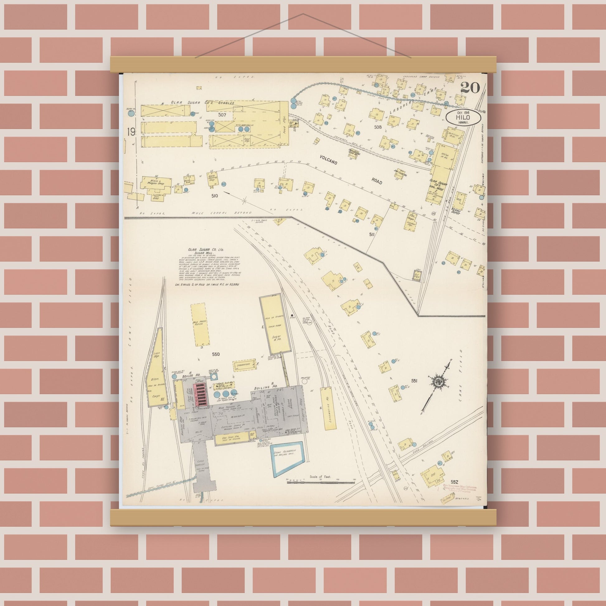 Old map wall art mockup — magnetic wood frame on brick wall — Sanborn Fire Insurance Map from Hilo, Hawaii County, Hawaii (1914), Sheet #0020