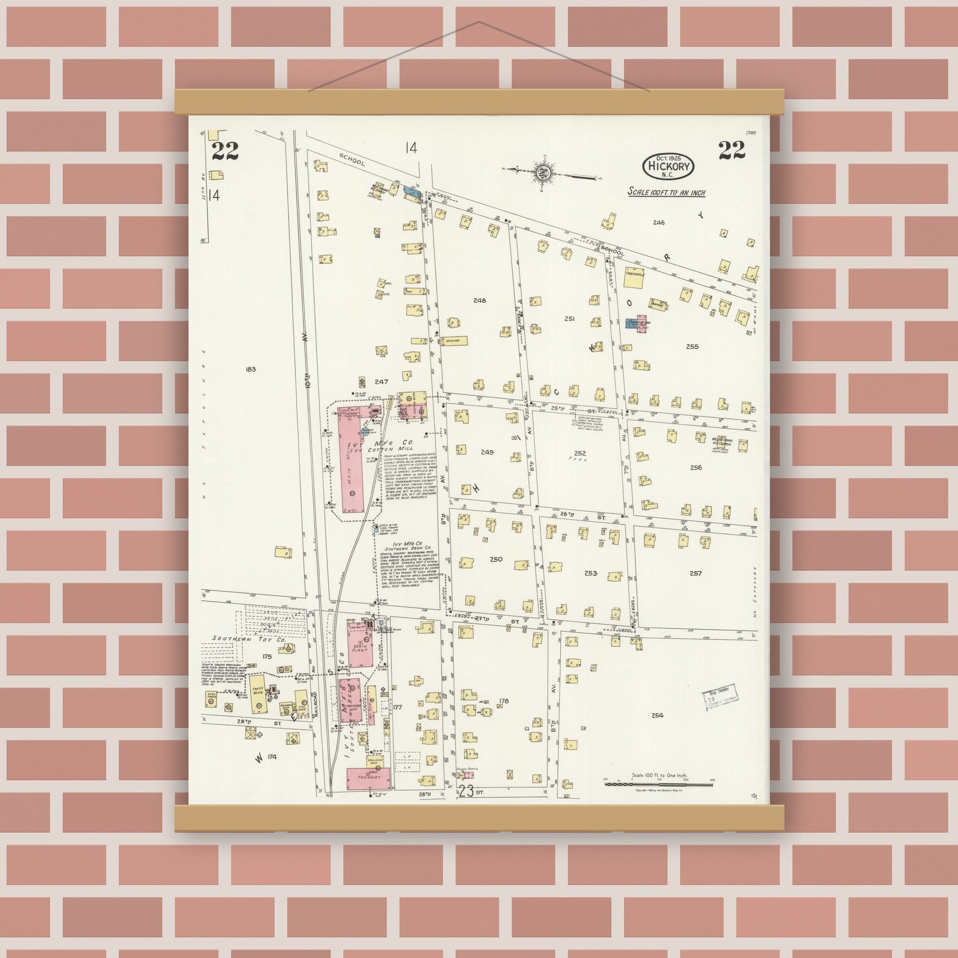 Old map wall art mockup — magnetic wood frame on brick wall — Sanborn Fire Insurance Map from Hickory, Catawba County, North Carolina (1925), Sheet #0022