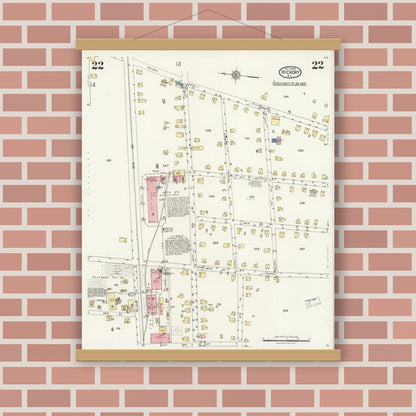 Old map wall art mockup — magnetic wood frame on brick wall — Sanborn Fire Insurance Map from Hickory, Catawba County, North Carolina (1925), Sheet #0022