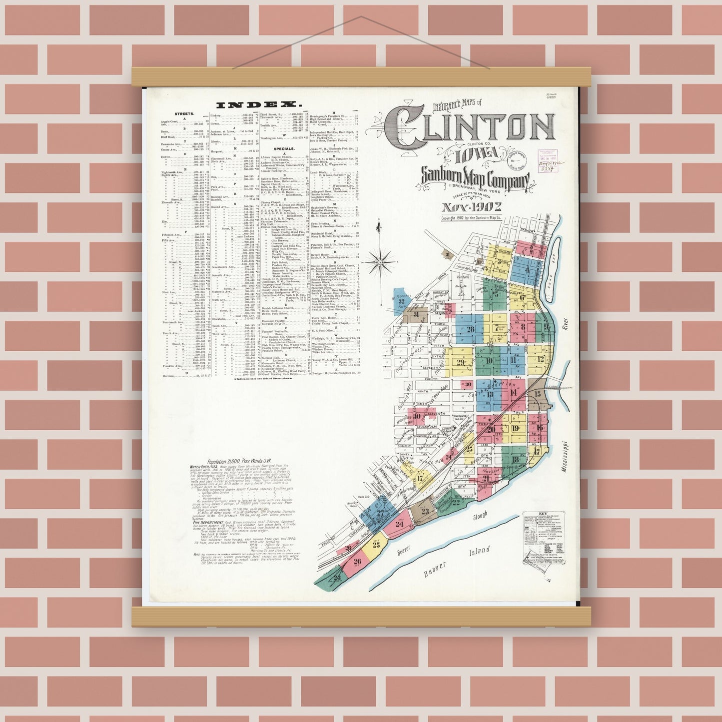 Old map wall art mockup — magnetic wood frame on brick wall — Sanborn Fire Insurance Map from Clinton, Clinton County, Iowa (1902) â€” Complete Set