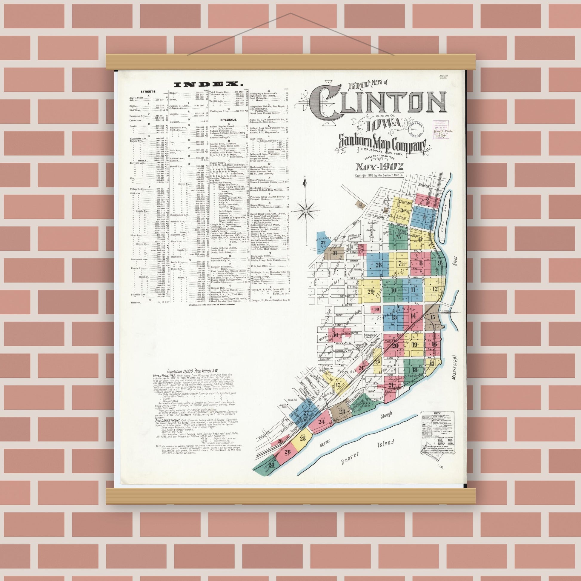 Old map wall art mockup — magnetic wood frame on brick wall — Sanborn Fire Insurance Map from Clinton, Clinton County, Iowa (1902) â€” Complete Set