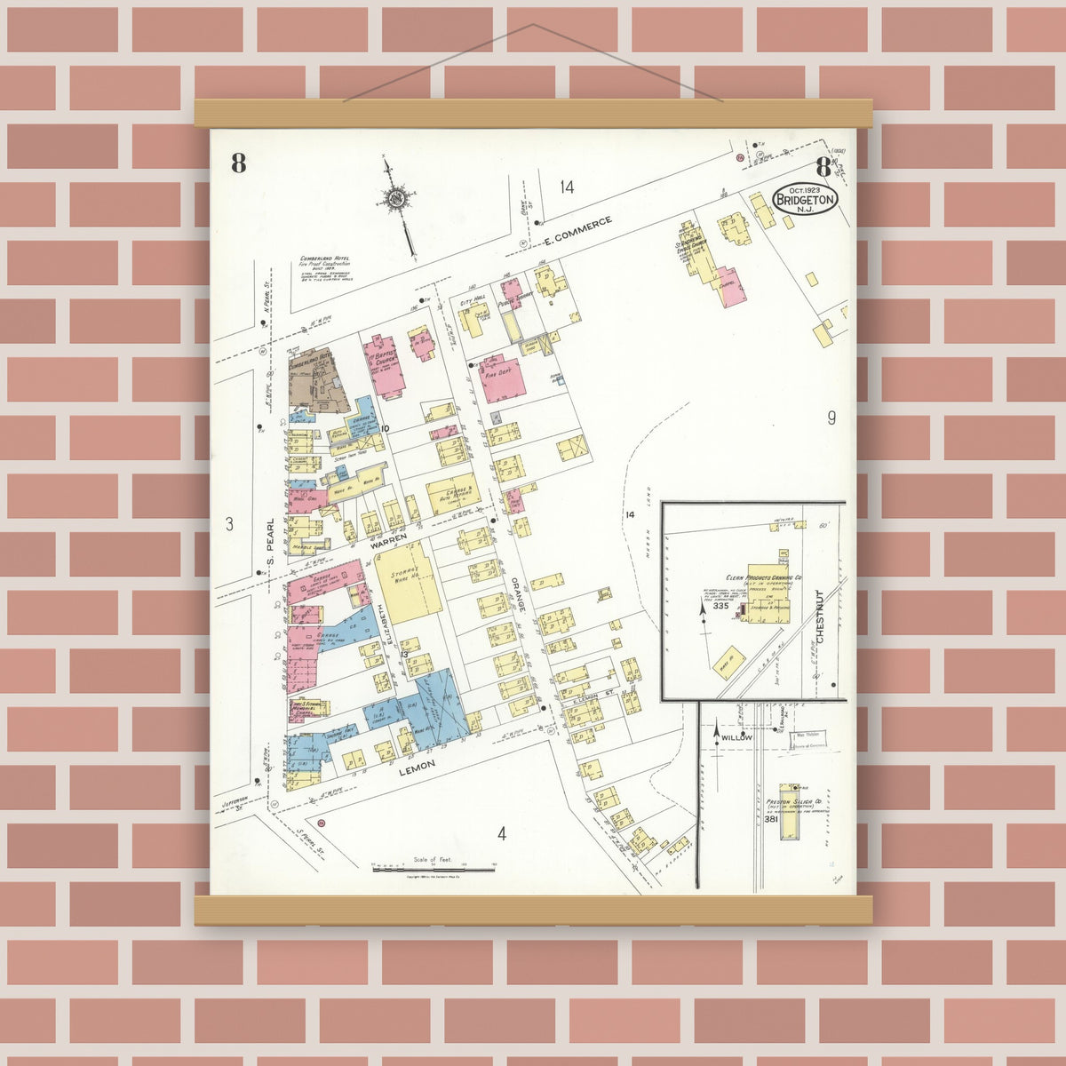 Old map wall art mockup — magnetic wood frame on brick wall — Sanborn Fire Insurance Map from Bridgeton, Cumberland County, New Jersey (1923), Sheet #0008