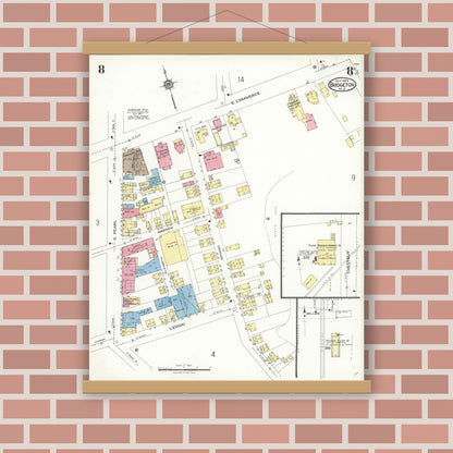 Old map wall art mockup — magnetic wood frame on brick wall — Sanborn Fire Insurance Map from Bridgeton, Cumberland County, New Jersey (1923), Sheet #0008