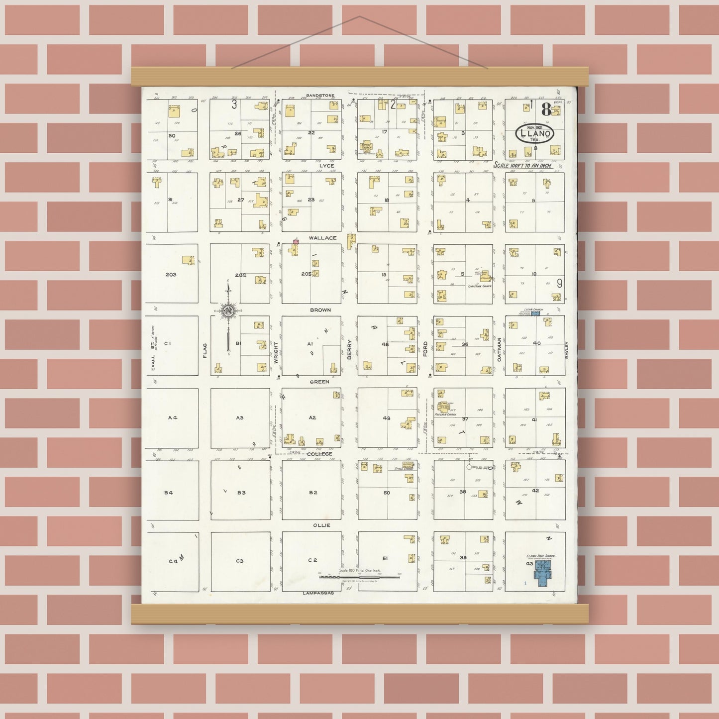 Old map wall art mockup — magnetic wood frame on brick wall — Sanborn Fire Insurance Map from Llano, Llano County, Texas (1921), Sheet #0008