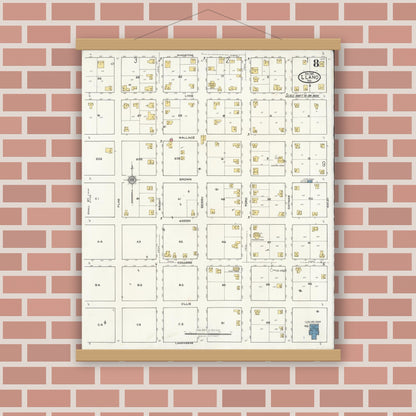 Old map wall art mockup — magnetic wood frame on brick wall — Sanborn Fire Insurance Map from Llano, Llano County, Texas (1921), Sheet #0008