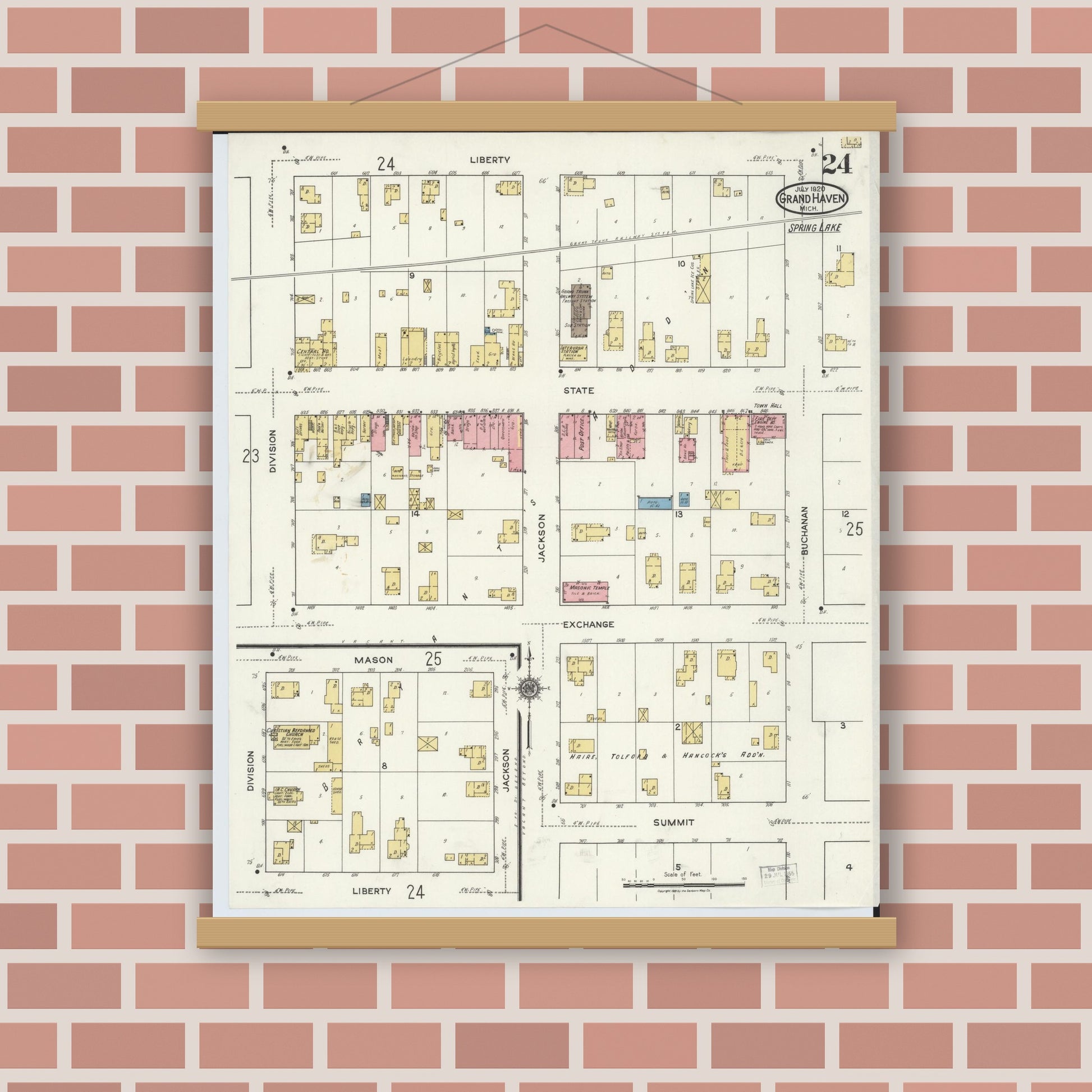 Old map wall art mockup — magnetic wood frame on brick wall — Sanborn Fire Insurance Map from Grand Haven, Ottawa County, Michigan (1920), Sheet #0024