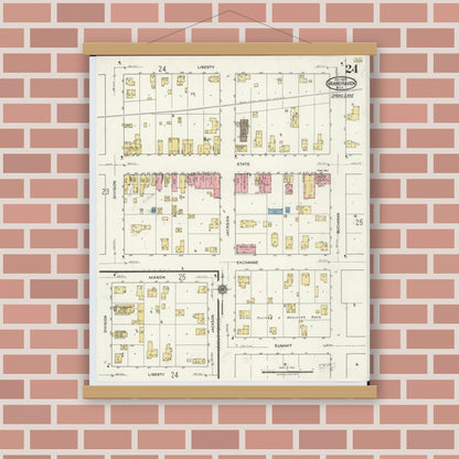 Old map wall art mockup — magnetic wood frame on brick wall — Sanborn Fire Insurance Map from Grand Haven, Ottawa County, Michigan (1920), Sheet #0024
