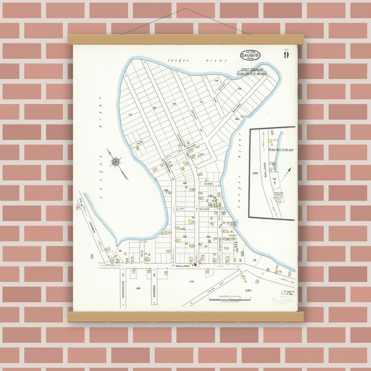 Old map wall art mockup — magnetic wood frame on brick wall — Sanborn Fire Insurance Map from Saugus, Essex County, Massachusetts (1922), Sheet #0009