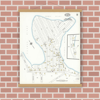 Old map wall art mockup — magnetic wood frame on brick wall — Sanborn Fire Insurance Map from Saugus, Essex County, Massachusetts (1922), Sheet #0009