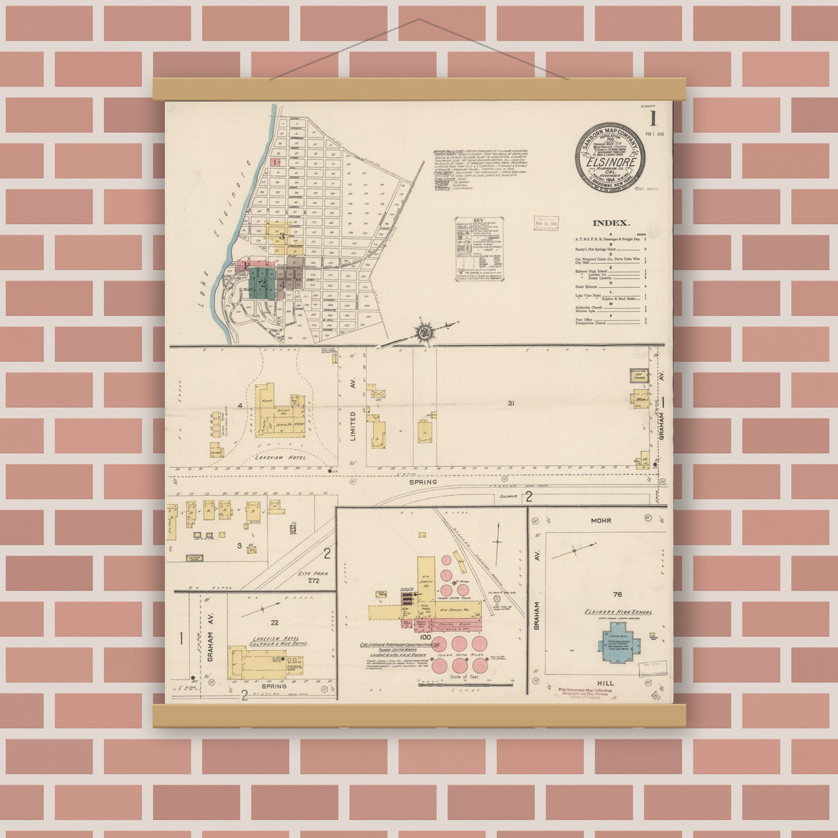 Old map wall art mockup — magnetic wood frame on brick wall — Sanborn Fire Insurance Map from Elsinore, Riverside County, California (1914), Sheet #0001