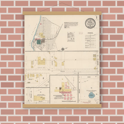 Old map wall art mockup — magnetic wood frame on brick wall — Sanborn Fire Insurance Map from Elsinore, Riverside County, California (1914), Sheet #0001