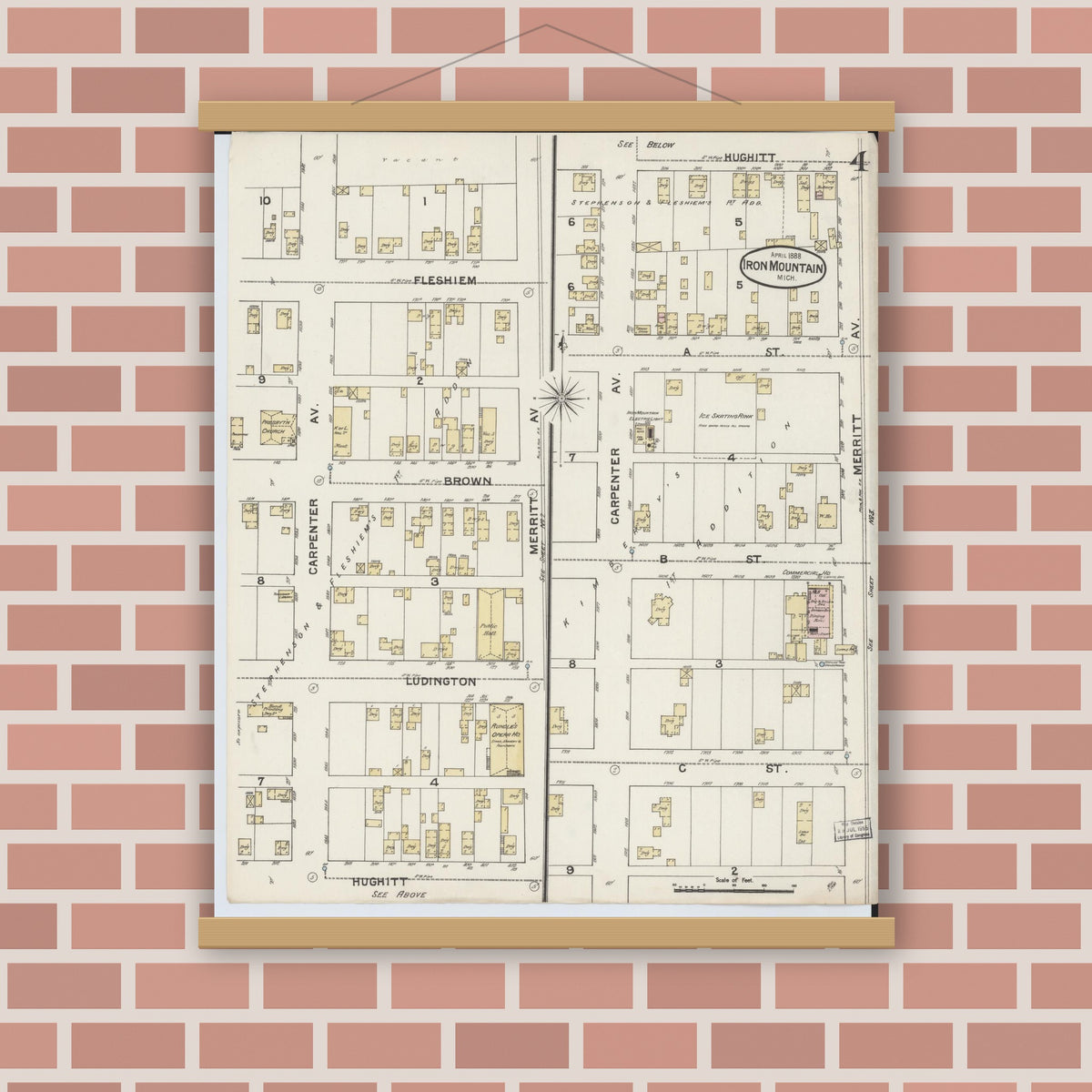 Old map wall art mockup — magnetic wood frame on brick wall — Sanborn Fire Insurance Map from Iron Mountain, Dickinson County, Michigan (1888), Sheet #0004