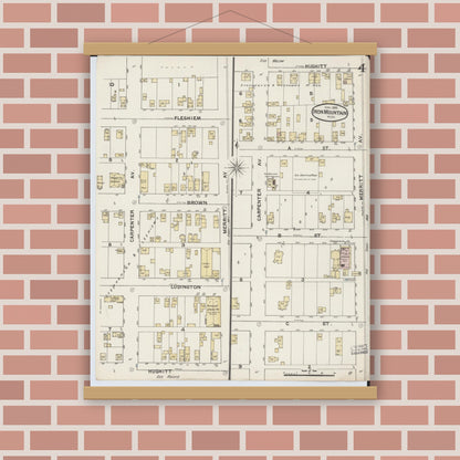 Old map wall art mockup — magnetic wood frame on brick wall — Sanborn Fire Insurance Map from Iron Mountain, Dickinson County, Michigan (1888), Sheet #0004