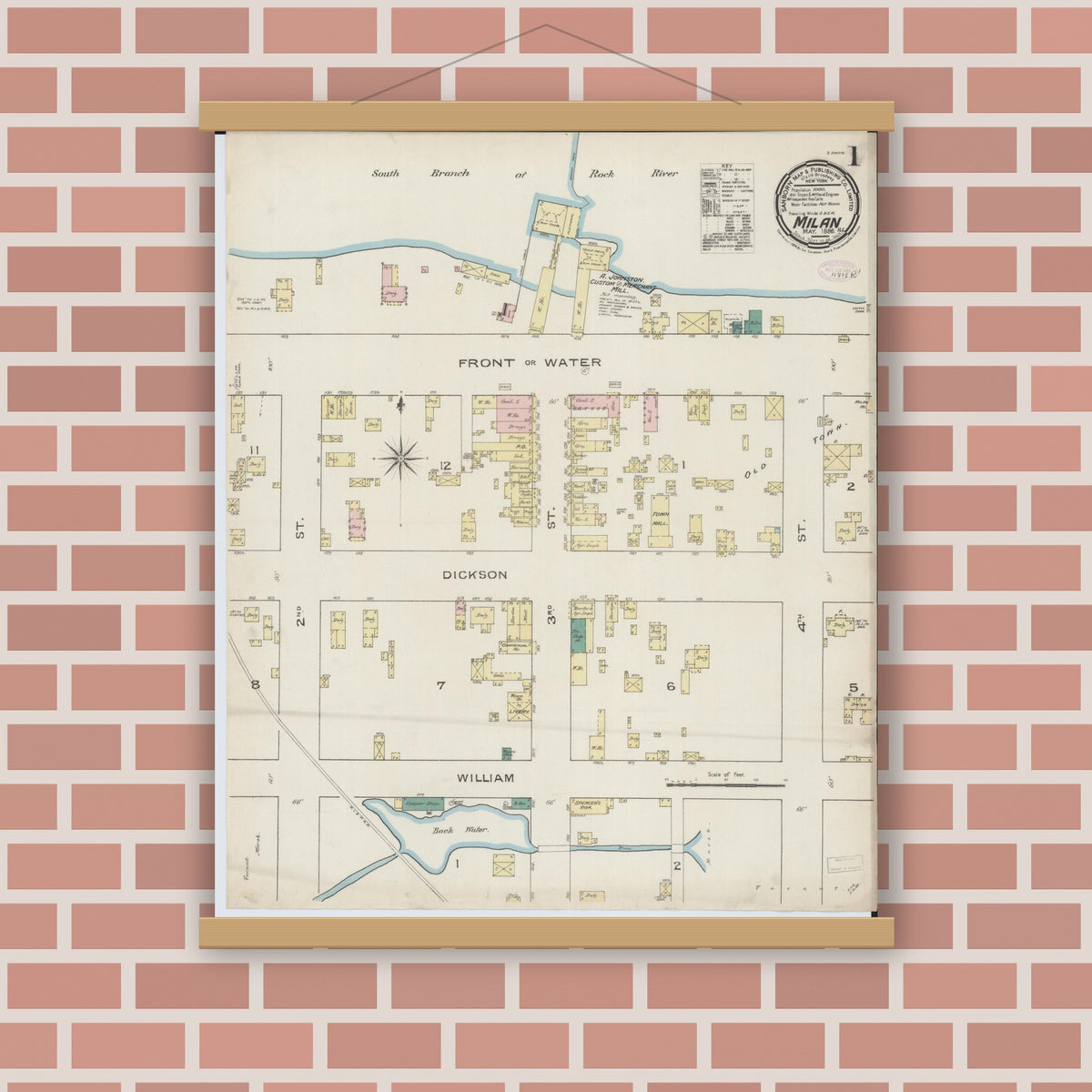 Old map wall art mockup — magnetic wood frame on brick wall — Sanborn Fire Insurance Map from Milan, Rock Island County, Illinois (1886), Sheet #0001