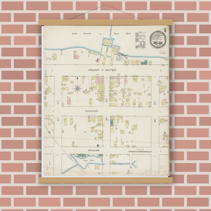 Old map wall art mockup — magnetic wood frame on brick wall — Sanborn Fire Insurance Map from Milan, Rock Island County, Illinois (1886), Sheet #0001