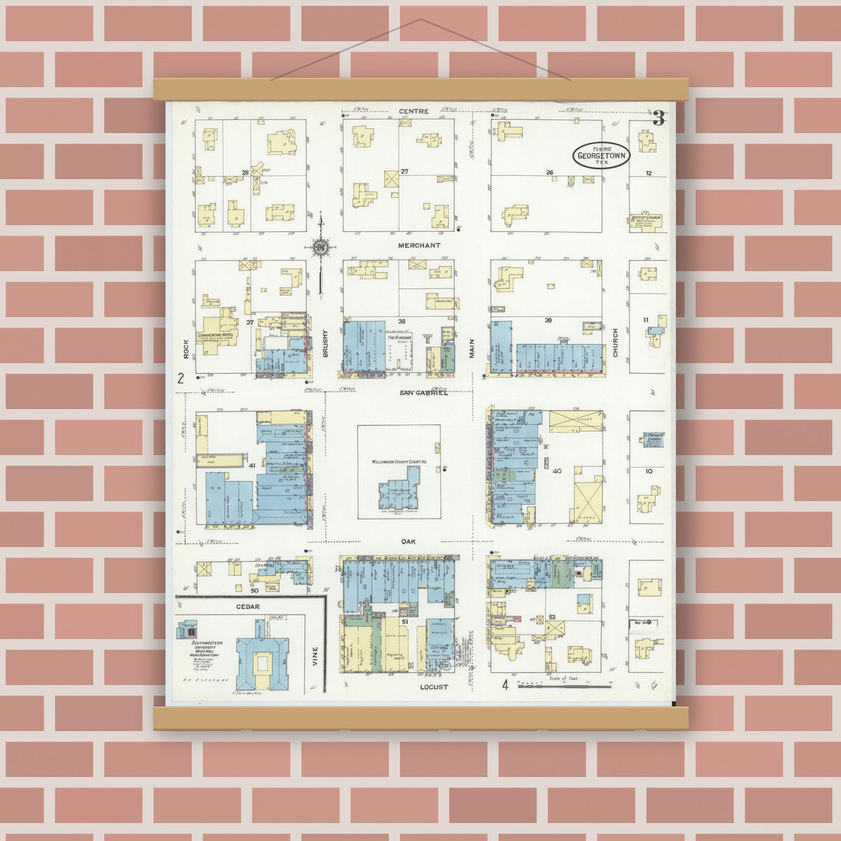 Old map wall art mockup — magnetic wood frame on brick wall — Sanborn Fire Insurance Map from Georgetown, Williamson County, Texas (1910), Sheet #0003