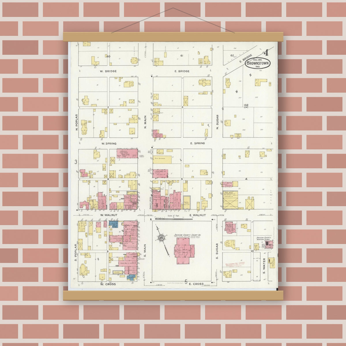 Old map wall art mockup — magnetic wood frame on brick wall — Sanborn Fire Insurance Map from Brownstown, Jackson County, Indiana (1916), Sheet #0004