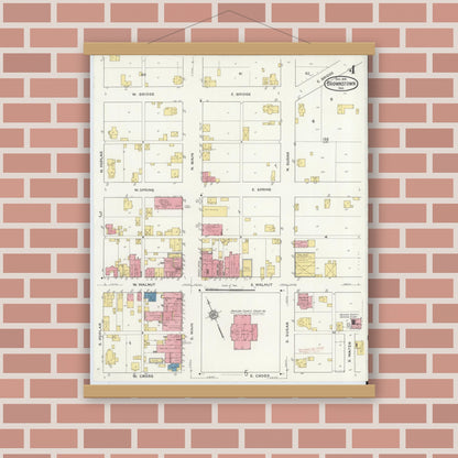 Old map wall art mockup — magnetic wood frame on brick wall — Sanborn Fire Insurance Map from Brownstown, Jackson County, Indiana (1916), Sheet #0004