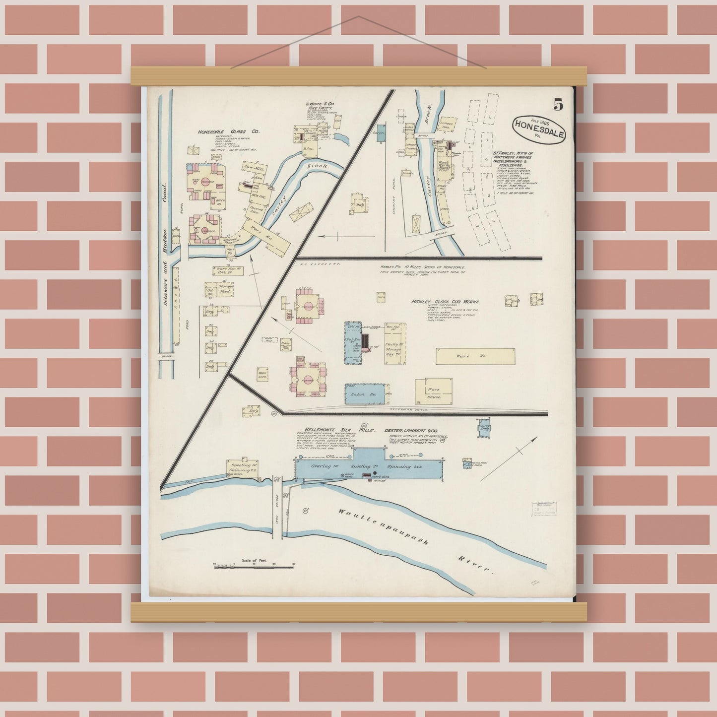 Old map wall art mockup — magnetic wood frame on brick wall — Sanborn Fire Insurance Map from Honesdale, Wayne County, Pennsylvania (1885), Sheet #0005