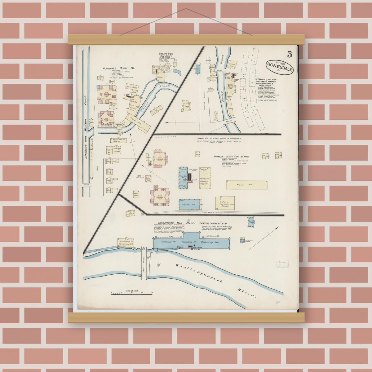 Old map wall art mockup — magnetic wood frame on brick wall — Sanborn Fire Insurance Map from Honesdale, Wayne County, Pennsylvania (1885), Sheet #0005