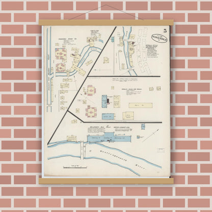 Old map wall art mockup — magnetic wood frame on brick wall — Sanborn Fire Insurance Map from Honesdale, Wayne County, Pennsylvania (1885), Sheet #0005