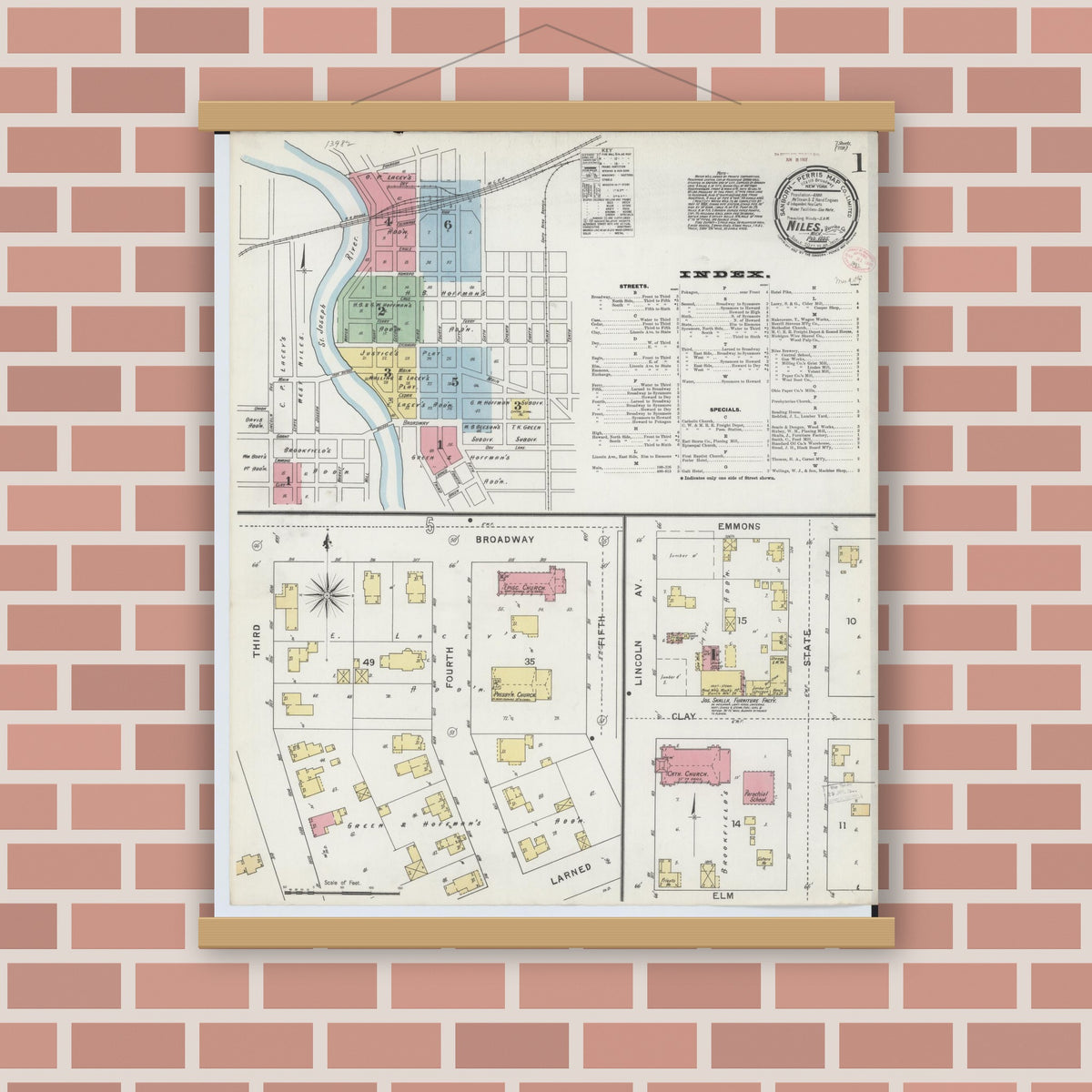Old map wall art mockup — magnetic wood frame on brick wall — Sanborn Fire Insurance Map from Niles, Berrien County, Michigan (1895), Sheet #0001